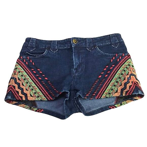 BDG colorful Aztec embroidered dark wash blue denim jean mini 2" shorts size 28 - Picture 2 of 3